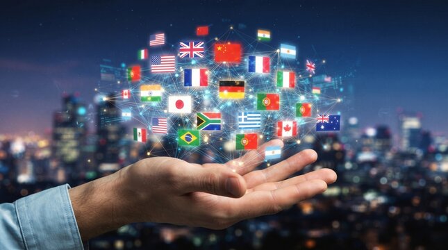 Hand lifts globe with radiant flags and light; surreal ceremony of globalization and cooperation, duality of fragility and resilience, abstract echoes of heritage, awareness, and identity.