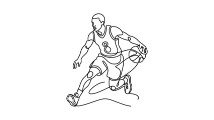Obraz premium Continuous line art of a basketball player dribbling the ball.