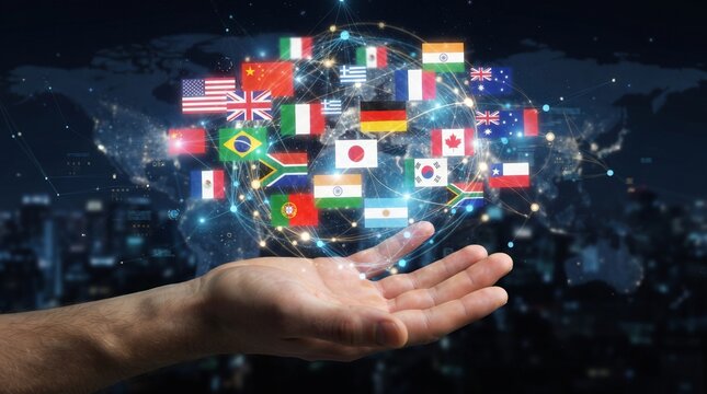 Hand lifts globe with radiant flags and light; surreal ceremony of globalization and cooperation, duality of fragility and resilience, abstract echoes of heritage, awareness, and identity.