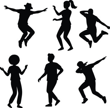 Set of energetic young people dancing jumping and celebration silhouettes isolated on a white background