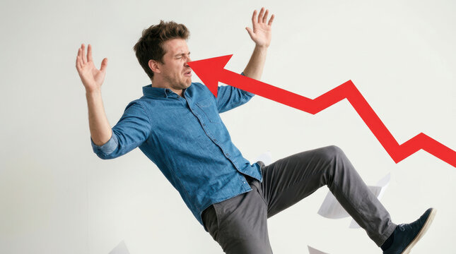 Man falling backward with red arrow pointing at his nose symbolizing impact of inflation on global economy