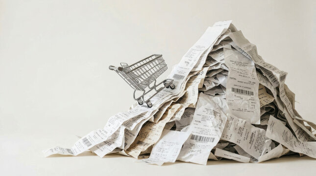 Global economy inflation impact shown by miniature shopping cart on pile of receipts symbolizing rising costs and financial challenges