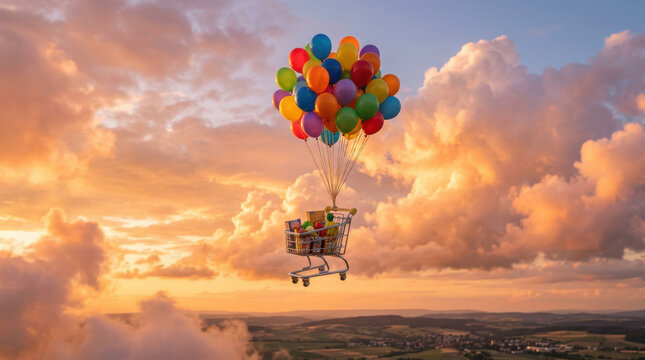 Shopping cart lifted by balloons floats above scenic landscape symbolizing global economy challenges and inflation impact on consumer goods