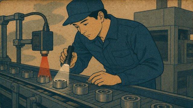 工場で作業員が製品の品質検査を懐中電灯とレーザーで行う様子