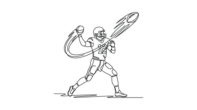 Continuous line drawing of an American football quarterback throwing a ball.