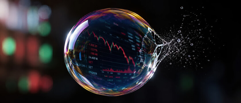 Global economy inflation impact shown by bursting bubble with stock market graph inside symbolizing financial crisis and market collapse