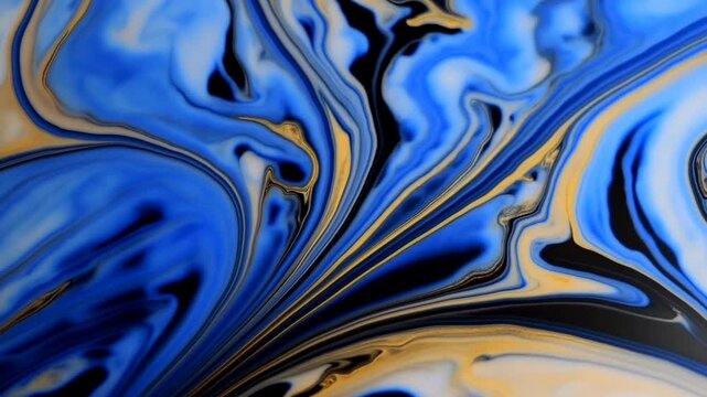 Abstract fluid art with swirling blue and gold patterns, showcasing dynamic movement and vibrant colors on a smooth surface in a creative artistic setting
