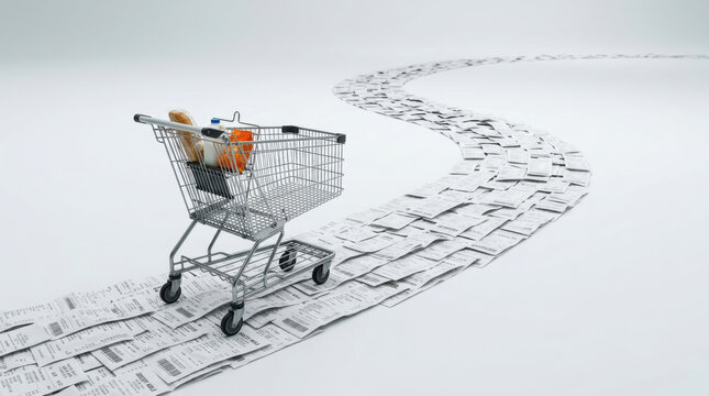Shopping cart with groceries on long path of receipts symbolizing impact of inflation on global economy and rising consumer costs
