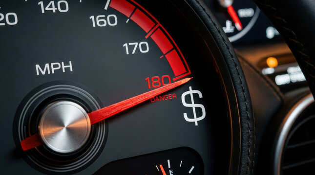 Speedometer Dashboard Car Danger Money Economy Inflation Global Vehicle Instrument Meter Finance Risk Transportation Closeup Indicator Red Black