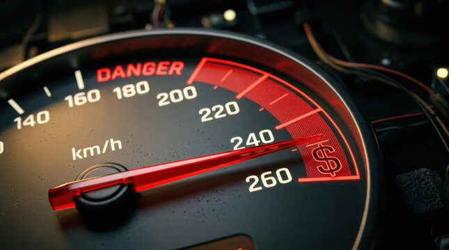Speedometer showing high speed with dollar sign indicating inflation impact on global economy risk and danger