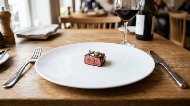 Small piece of steak on white plate with fork and knife on wooden table showing impact of global economy and inflation on food portions