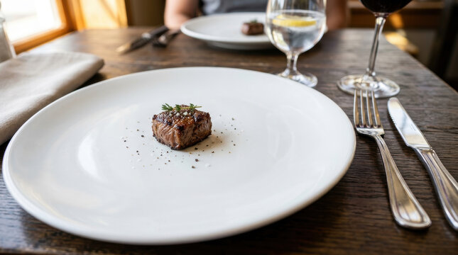 Small steak on white plate with pepper and herbs served on wooden table with glass of water and wine reflecting global economy inflation impact