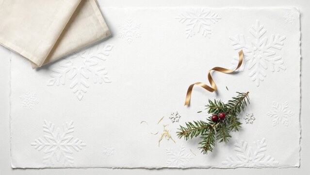White embossed snowflake placemat with pine sprig and ribbon