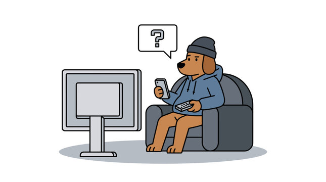 Cartoon dog wearing a hoodie sitting on a comfy armchair while watching television and holding a smartphone with a question mark thought bubble