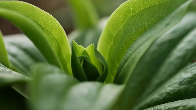 Close-up of vibrant green leaves unfolding in a natural setting, showcasing the intricate details and textures of the plant's growth process over time