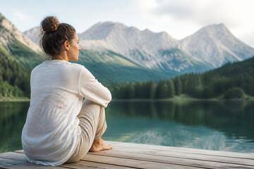 Fototapeta premium A woman sits on a wooden dock overlooking a calm lake surrounded by mountains and forests.