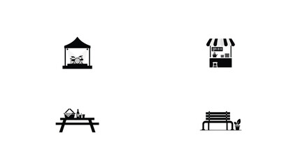 Naklejka premium Flat vector icons with four minimalist black white icons depicting small outdoor stage musical instruments stylized line art style against neutral background