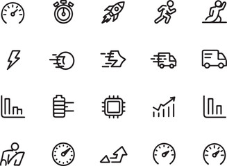 Fototapeta premium Set of speed and performance line icons for business and logistics concepts with performance business logistics shipping delivery transport stopwatch tachometer movement technology analysis