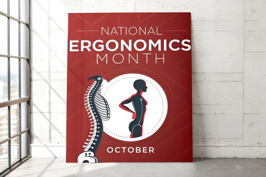 National ergonomics month poster featuring a detailed medical illustration of a human spine and body silhouette displayed on a dark red background inside a bright modern office building interior space