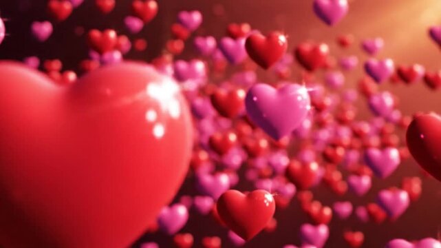 Many red and pink hearts floating around in the air with a large heart.