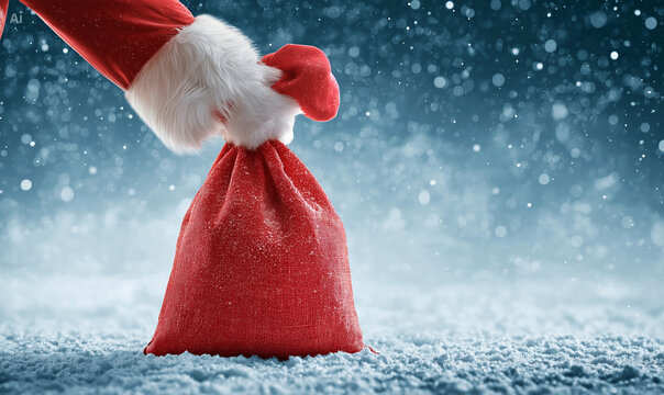 Santa claus hand with red sack 