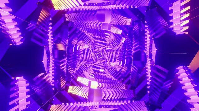 Hypnotic seamless loop of a futuristic structural tunnel. Abstract digital vortex made of twisting staircases, endless steps and architectural construction lines, creating deep optical perspective