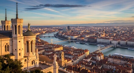Obraz premium Historic Basilica Overlooking Lyon City and River at Sunset