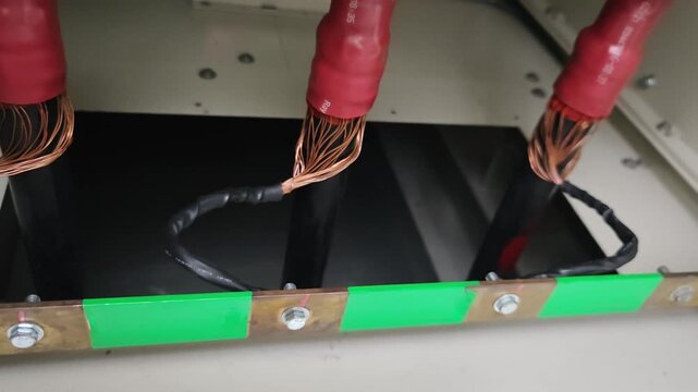 Panning right video of copper shield ground wires from underground cables connected to a copper earth bar inside a container switchgear.