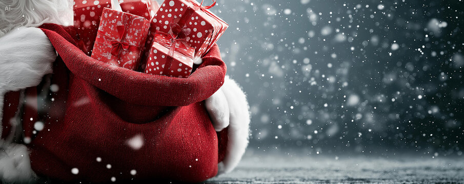 Santa claus holding red gift sack 