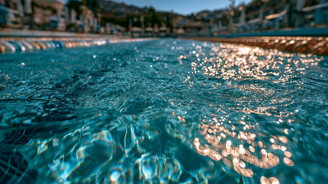 Eye-level pool lane with vibrant dividers in turquoise water. Golden sunrays illuminate caustics on rippling surfaces under a clear sky. Generous copy space for sports branding and fitness campaigns.