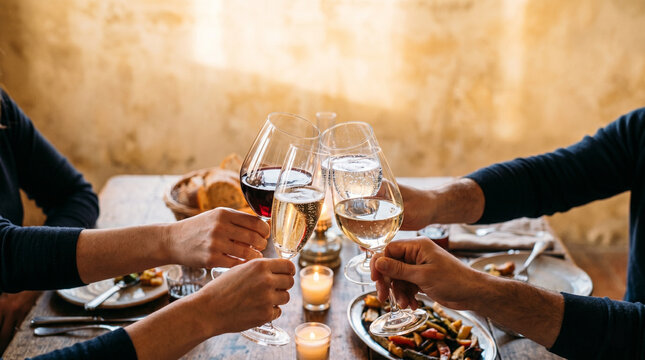 Friends raising glasses in a toast over a dinner table