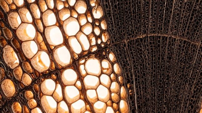 Microscopic cross section view of wood xylem cellular structure