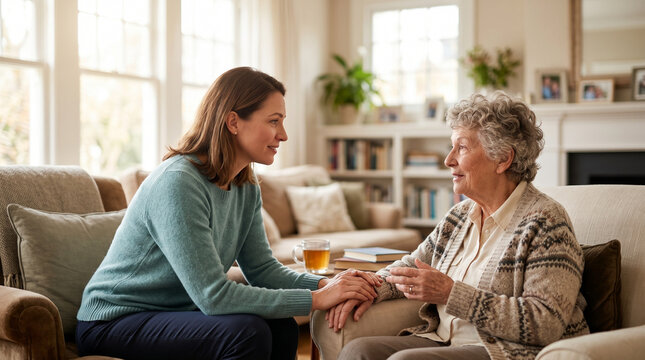 Younger woman comforting a senior lady during a conversation on a living room sofa