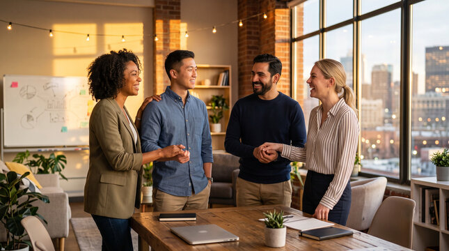 Diverse team of young professionals smiling and collaborating in a modern sunset office