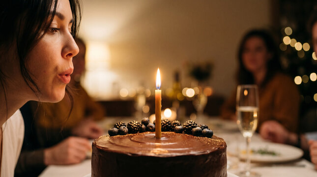 Young woman blowing out a candle on a chocolate birthday cake at a dark evening party
