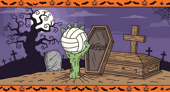 Cartoon Mummy Hand Rising From Grave in Spooky Halloween Cemetery