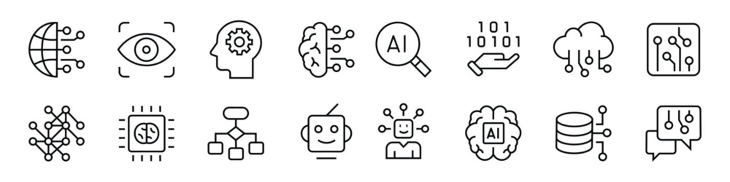 Artificial intelligence line icons set. Modern artificial intelligence line icon collection featuring AI, machine learning, neural networks, computer vision, robotics, cloud AI, data processing.