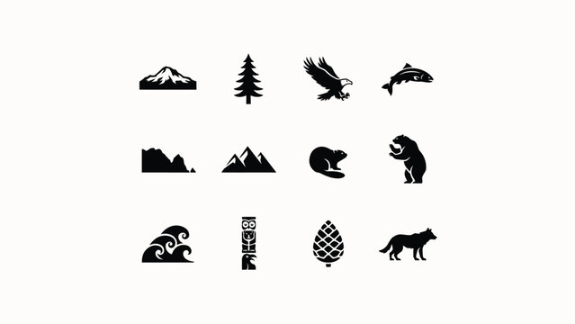 Minimalist black forest wildlife and nature icon set featuring mountain tree bird fish bear wolf wave totem pinecone