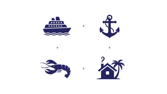 Four thematic vector icons featuring cruise ship anchor lobster and tropical house with palm tree with classic nautical anchor coiled rope stylized lobster pronounced claws