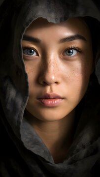 Retrato de primer plano de mujer asi&aacute;tica con ojos azules, pecas y capucha oscura con iluminaci&oacute;n dram&aacute;tica