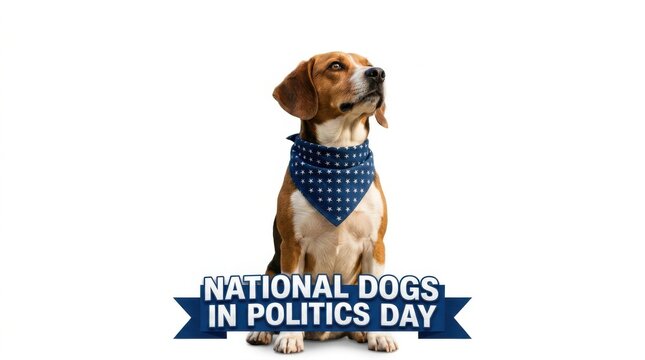 Dog sitting upright wearing patriotic bandana in studio with national politics theme banner