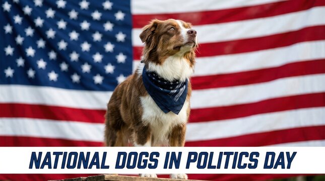 Dog Wearing Patriotic Bandana Posing with American Flag Background in Celebratory Style