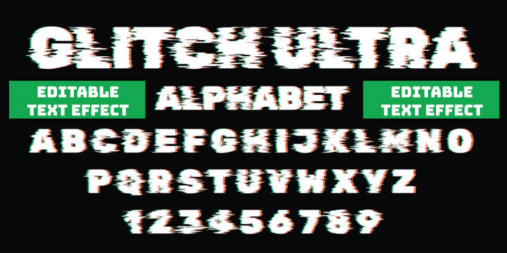 Glitch ultra editable text effect with digital distortion alphabet and numbers vector set