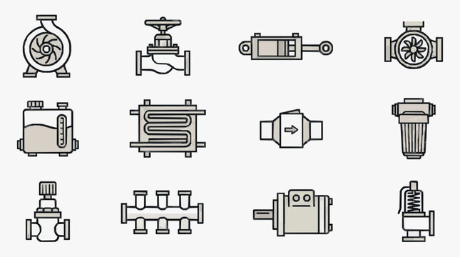 Dynamic Black and White Line Icons Set of Various Industrial Pumps Valves and Filtration Equipment