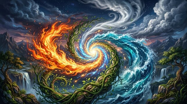 Swirling flames and water in a fantasy landscape