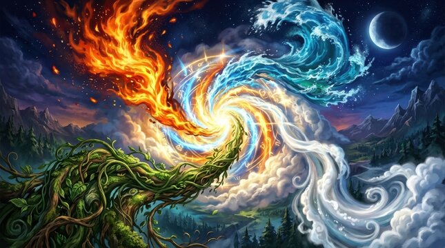 Swirling Fire and Water Vortex in Fantasy Landscape