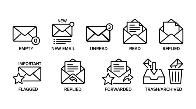 Collection of email and document status icons for digital workflow management.