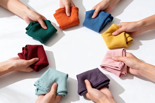 Hands Holding Colorful Folded Socks in Circle