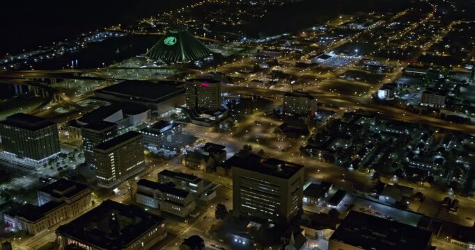 Memphis Tennessee Aerial v7 panoramic establishing shot, circular pan around downtown at night with quiet street - Shot with Inspire 2, X7 camera - August 2020
