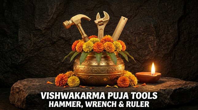 Traditional Tool Offering Ceremony with Hammer, Wrench, and Ruler on Decorated Altar in Dim Light